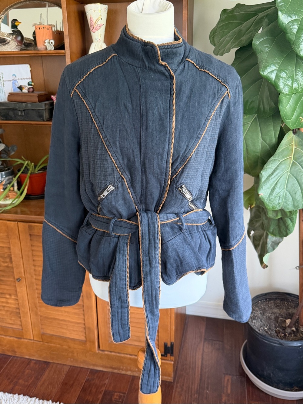 Free People Soft Navy Belted Moto Jacket with Contrast Stitching M